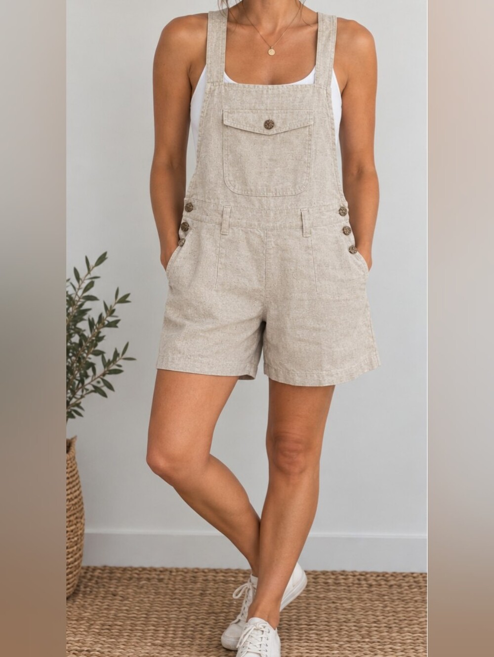 Linen Blend Shortalls Romper | Relaxed Fit Adjustable Strap | 'Point Zero'